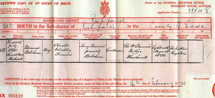 Birth Certificate of Edward Belcham Francis